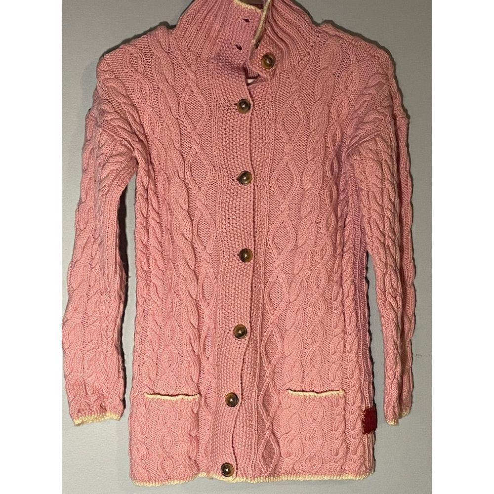 Scotland Wool Pink Cable knit Cardigan Sweater with Buttons and Pickets